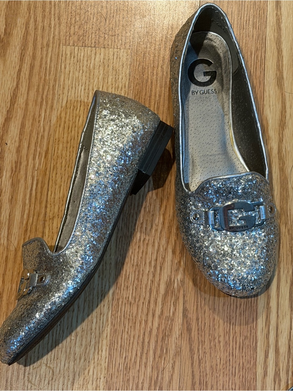 G by Guess Silver Glitter Slip-On Loafers with Logo Buckle - Picture 3 of 3